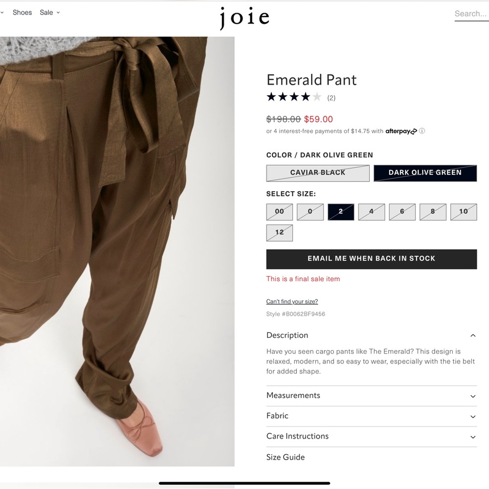 Joie Emerald green silk pant size 2 high waisted, long